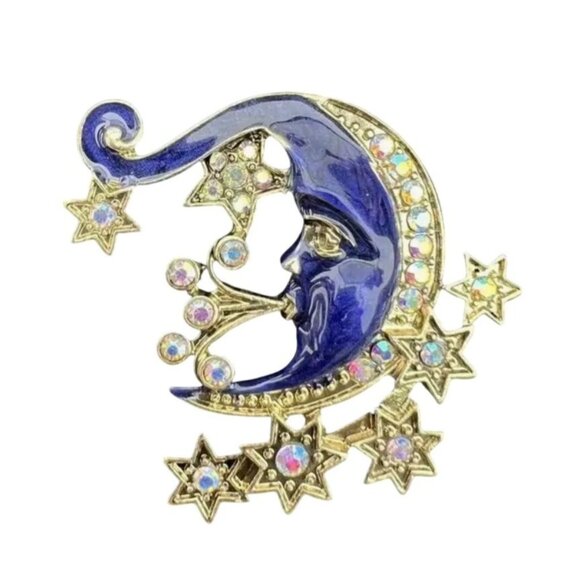 Moon & Stars Enamel Celestial Brooch with Iridescent Crystals Gold Tone - Picture 1 of 2